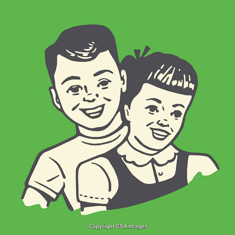 Vintage Illustration of Smiling Boy and Girl on Green Background
