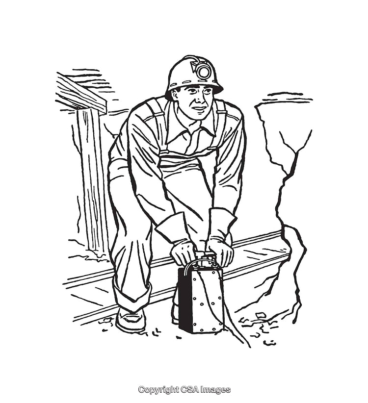Black and White Line Art Drawing of a Miner Operating Equipment