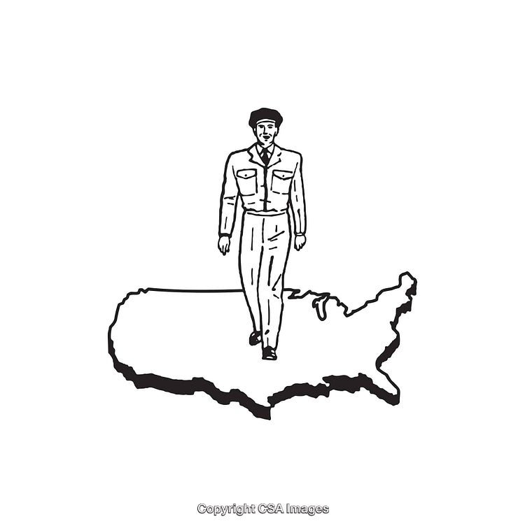 Black and White Illustration of Person Standing on United States Map Outline
