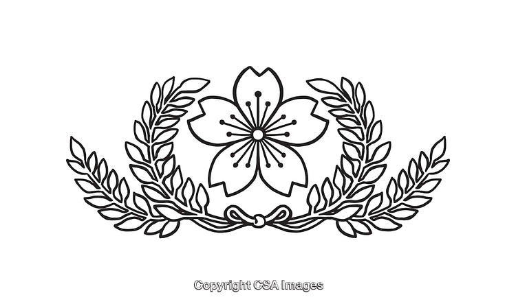 Black and White Sakura Line Art Illustration with Laurel Details