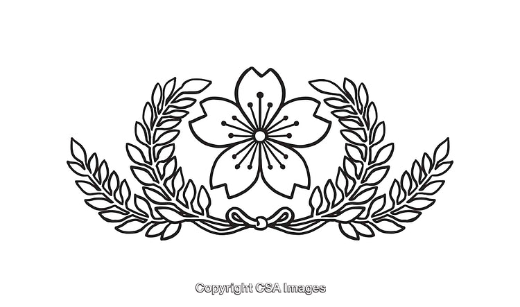 Black and White Sakura Line Art Illustration with Laurel Details