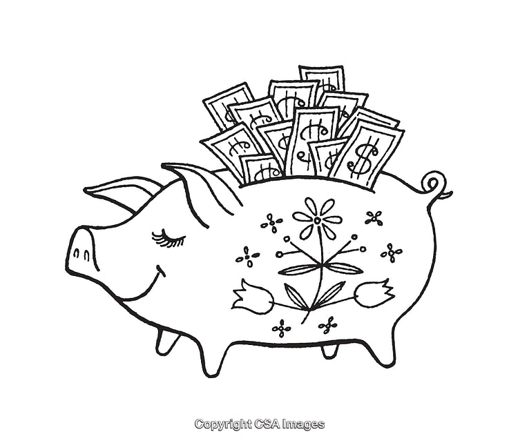 Black and White Line Art Illustration of a Savings Piggy Bank with Money