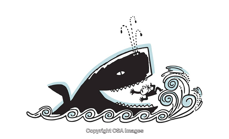 Cartoon Illustration of Whale and Man in Ocean with Splashing Waves