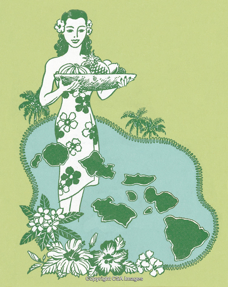 Traditional Hawaiian Illustration Featuring Map, Tropical Fruits, and Floral Motifs