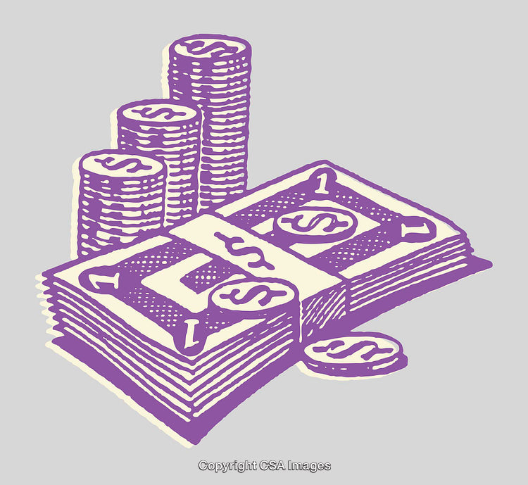 Purple Line Art Illustration of Money Stacks and Coins