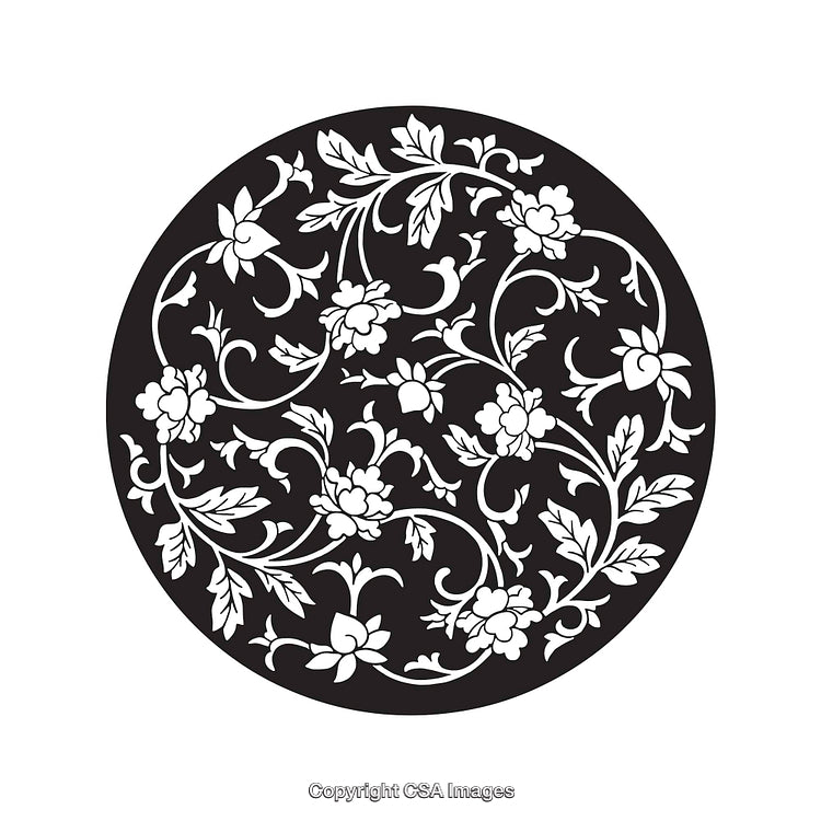 Circular Floral Black and White Illustration with Elegant Patterns