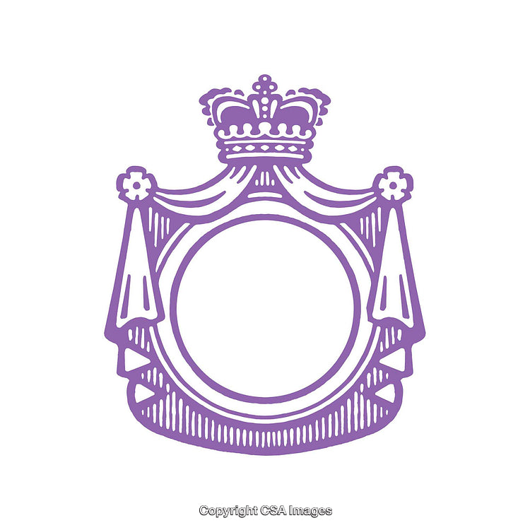 Purple Ornate Frame Design Featuring Decorative Crown and Curtain Element