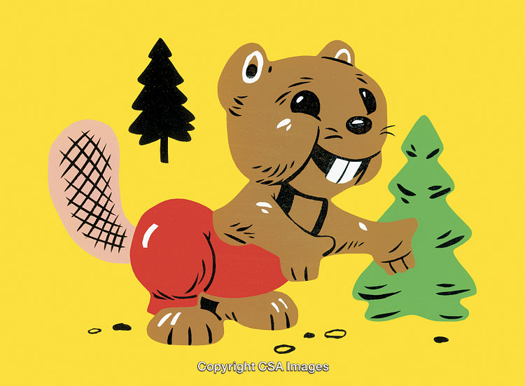 Adorable Cartoon Beaver with Trees on a Cheerful Yellow Background