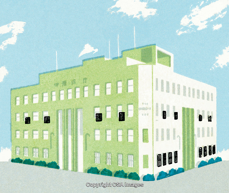 Illustrated Green Building Against Blue Sky with White Clouds