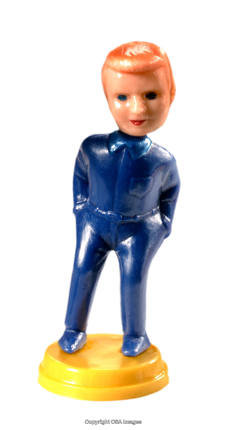 Vintage Plastic Toy Figure with Blue Outfit on Yellow Base