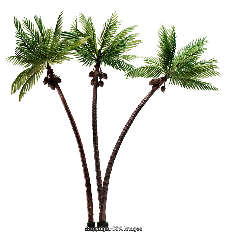 Three Plastic Palm Trees with Green Leaves on a White Background