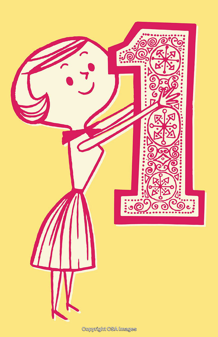 Playful Cartoon of Lady Hugging Decorated Number One in Yellow Background