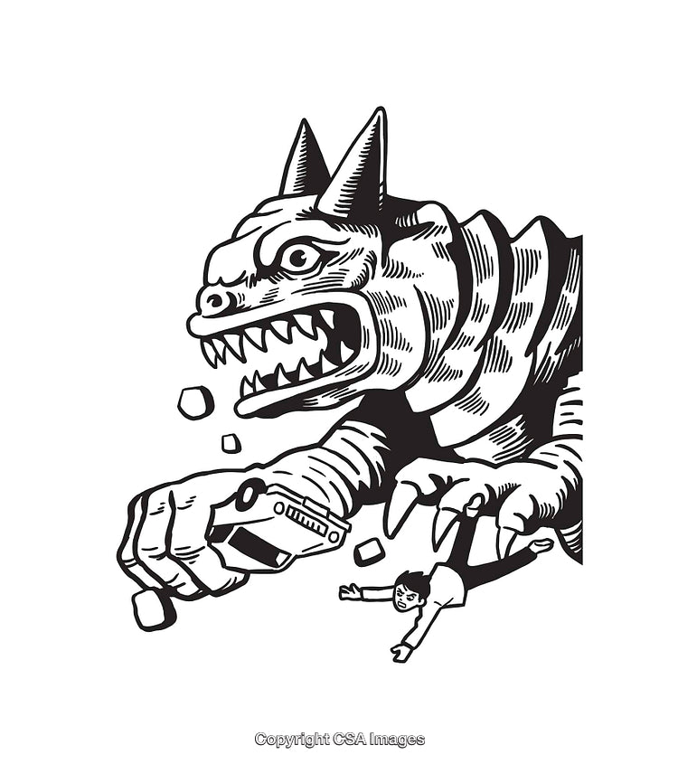 Black And White Illustration of a Monster Holding a Man and a Vehicle
