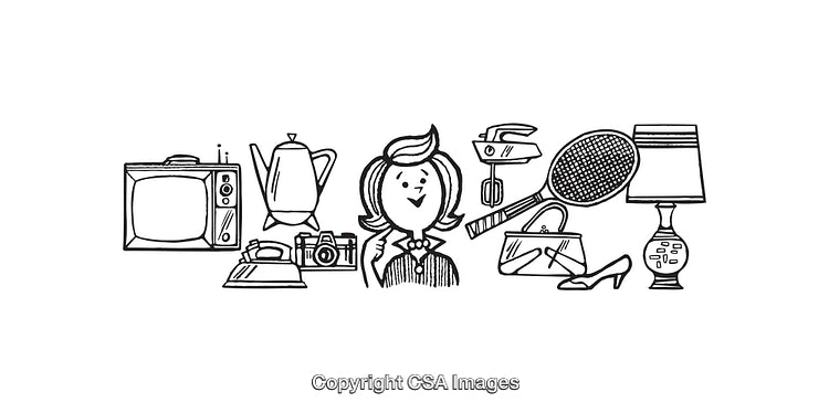 Black and White Line Art of Household Items and a Retro Character