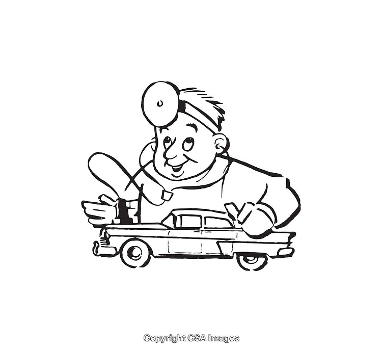 Black and White Line Art of a Mechanic Inspecting a Vintage Car