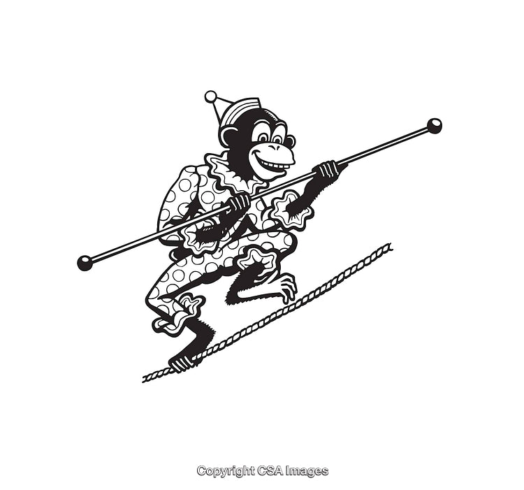 Illustration of a Monkey Clown Balancing on a Tightrope in Black and White