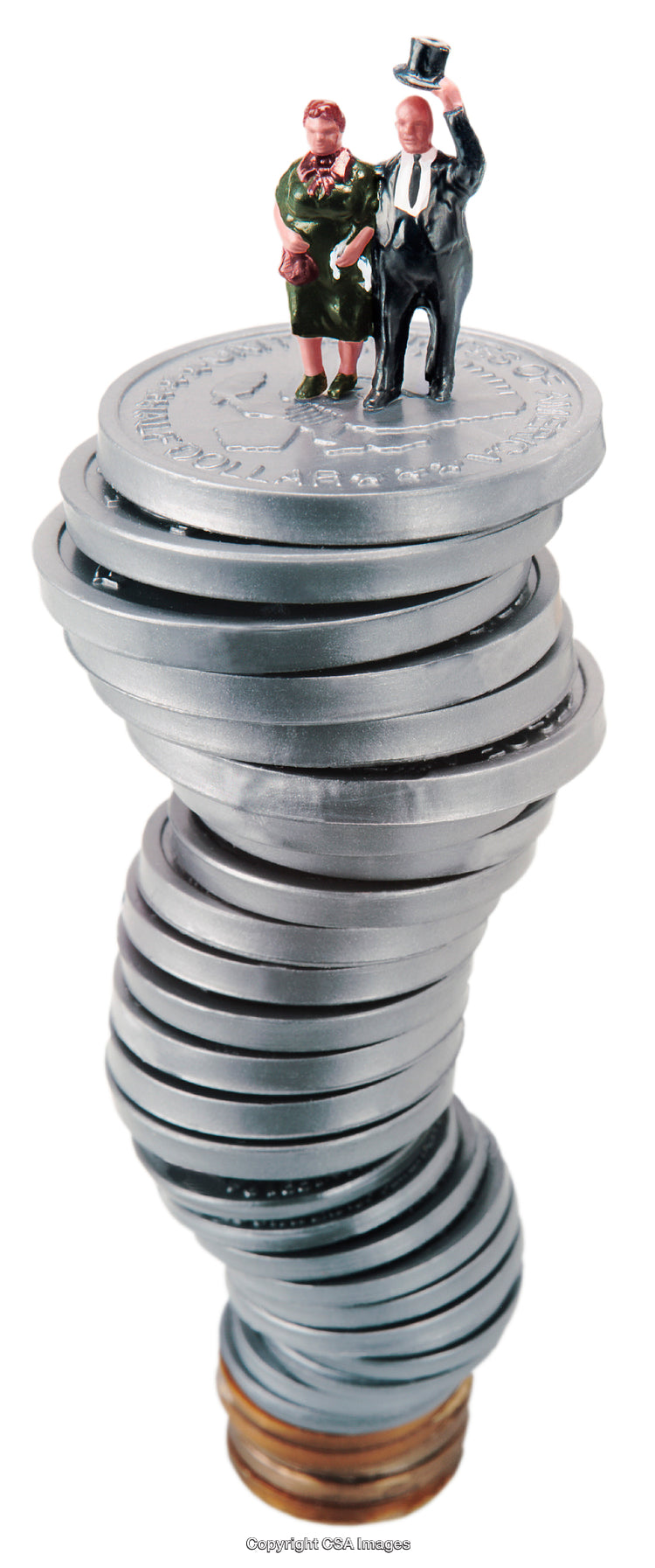 Miniature Figurines Standing Atop a Stack of Silver Coins for Symbolism