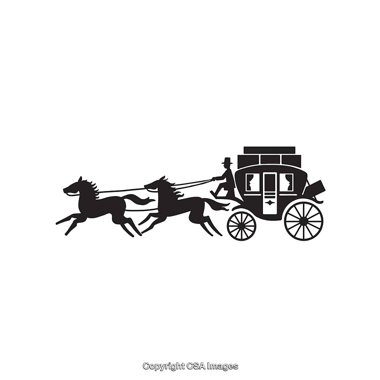 Vintage Horse-Drawn Carriage with Two Galloping Horses in Black and White