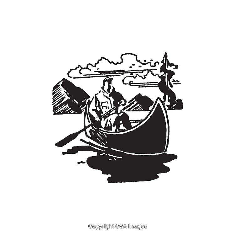 Vintage Black and White Canoe Illustration in a Scenic Outdoor Setting