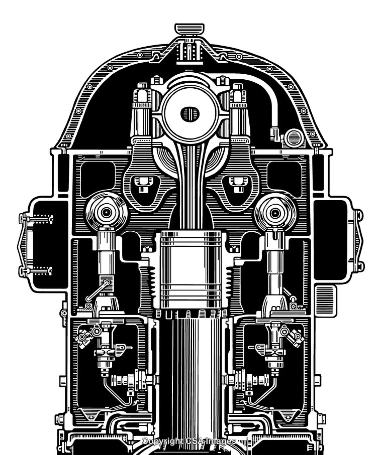 Detailed Black and White Mechanical Diagram of a Piston Engine Cross-Section
