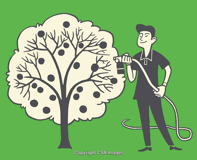 Man Watering an Artistic Tree Illustration on a Green Background