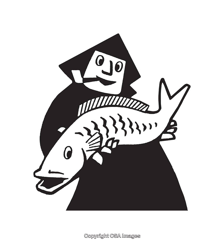 Black and White Line Art of a Character Holding a Fish