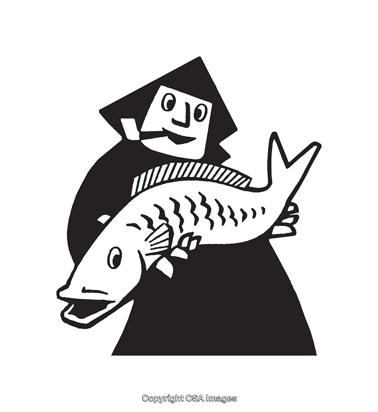 Black and White Line Art of a Character Holding a Fish