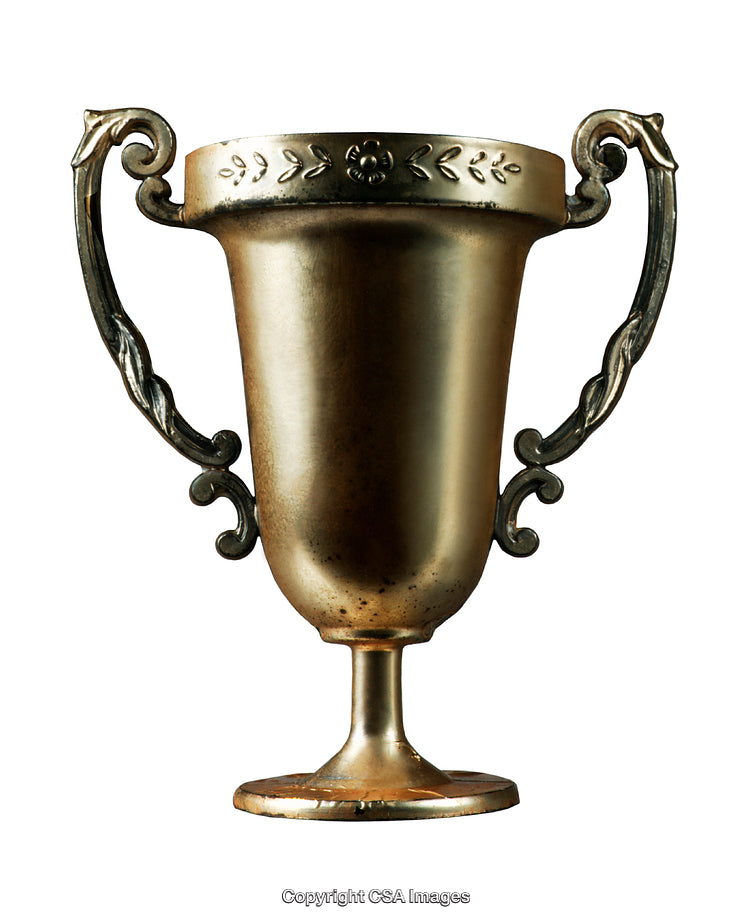 Antique Gold Trophy with Ornate Handles Isolated on White Background