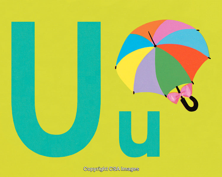 Colorful Letter U With Umbrella Illustration on Lime Green Background