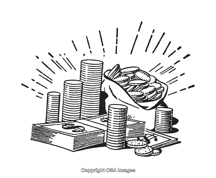 Stacked Coins and Banknotes Depicting Wealth and Prosperity in Line Art
