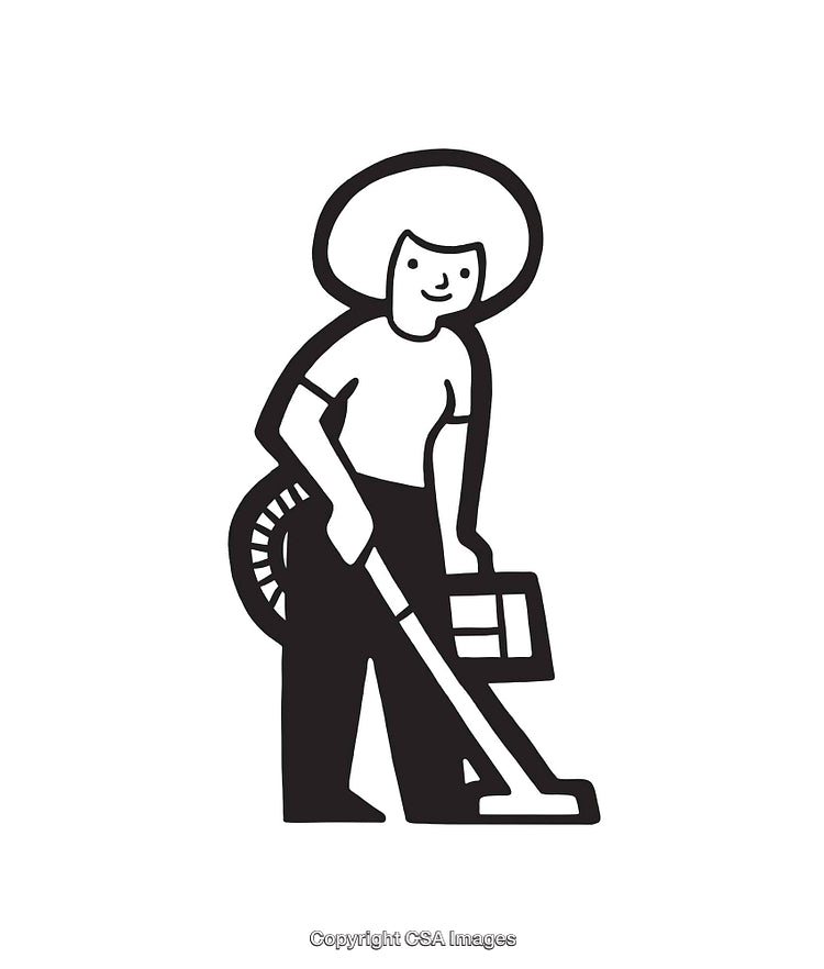 Black and White Illustration of a Person Cleaning With a Vacuum Cleaner