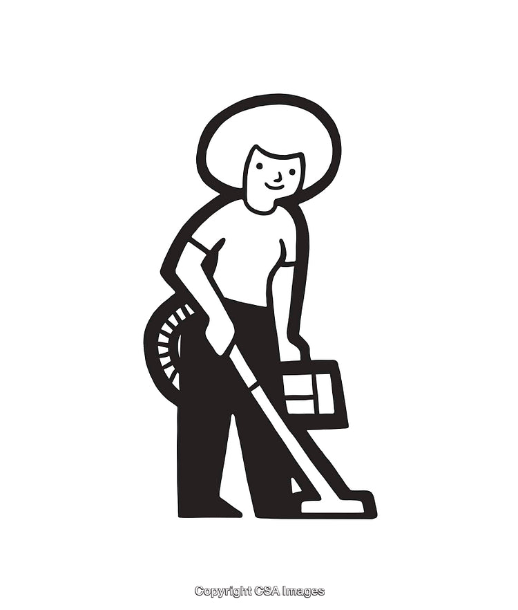 Black and White Illustration of a Person Cleaning With a Vacuum Cleaner