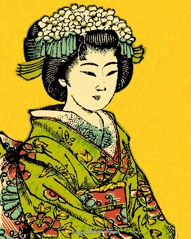 Traditional Japanese Geisha Wearing a Floral Kimono in Vintage Illustration