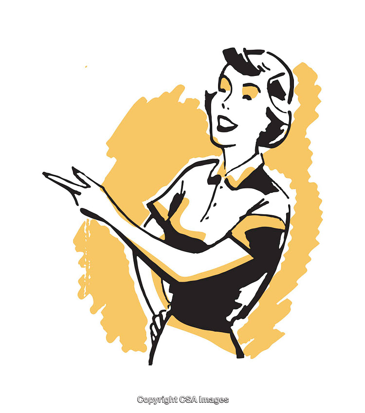 Retro Style Illustration of a Woman Gesturing and Smiling on Colorful Background