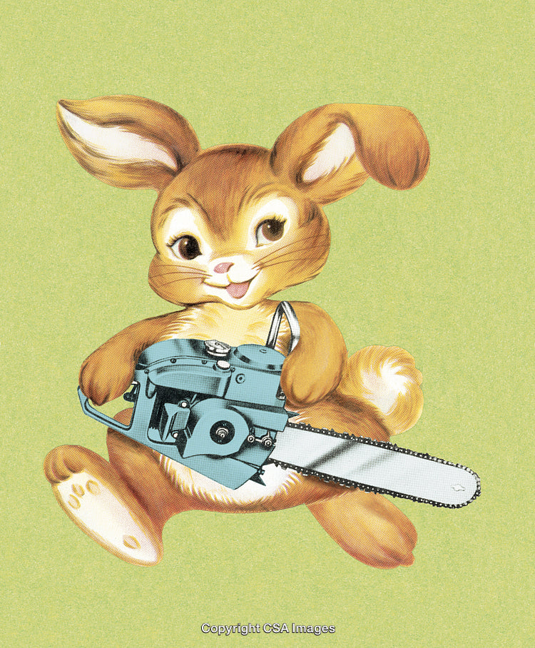 Cheerful Cartoon Bunny Holding a Chainsaw on a Light Green Background