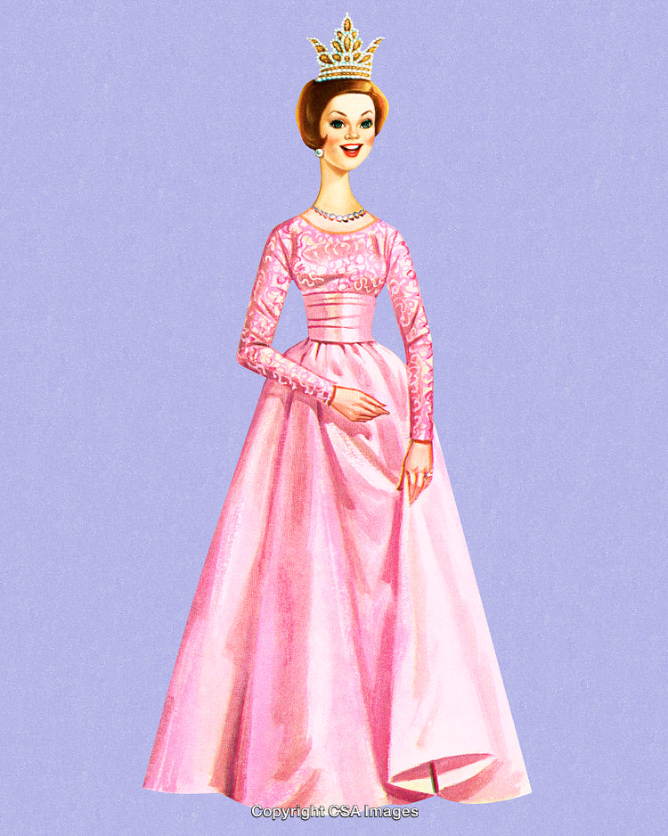 Elegant Illustration of a Woman in a Pink Gown and Royal Crown