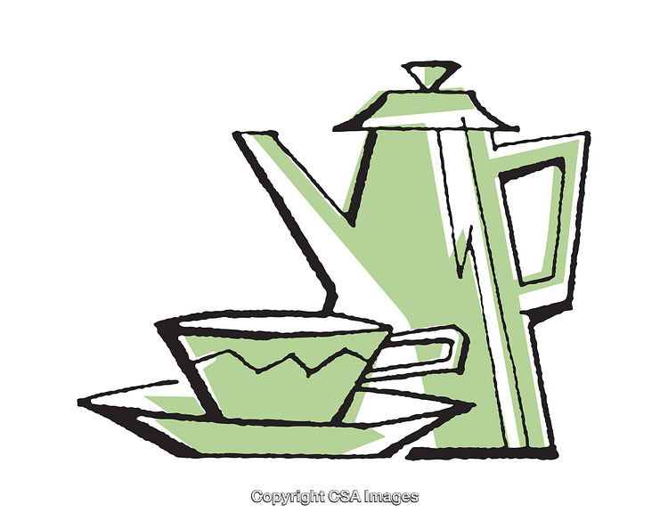 Retro Illustration of a Coffee Pot and Tea Cup in Green Tones