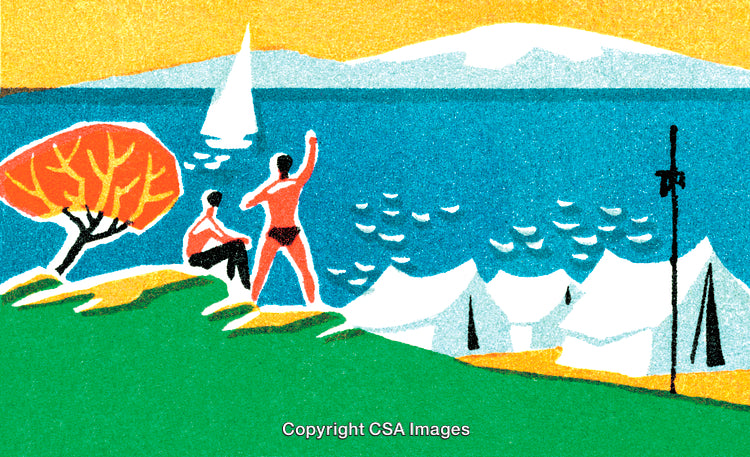 Scenic Coastal View with People Enjoying Nature, Sailboat, and Tranquil Atmosphere