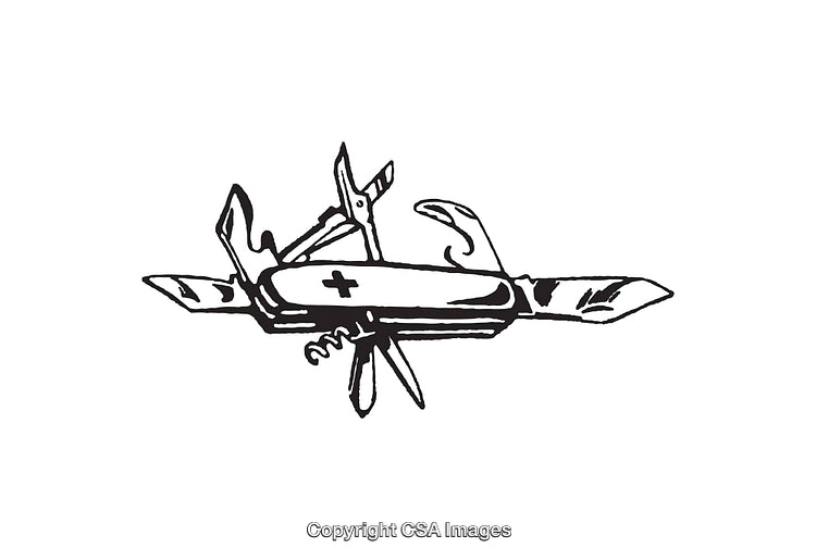 Illustrated Black and White Multi-Tool Knife Artwork with Accessories