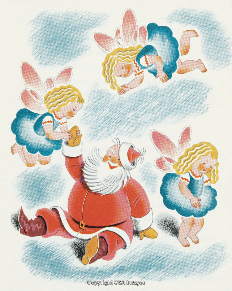 Santa Claus with Flying Fairy Children in a Whimsical Winter Wonderland