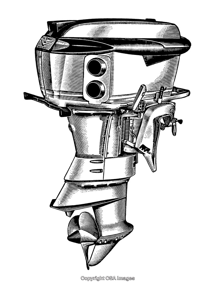 Vintage Black and White Engraving of a Classic Outboard Motor