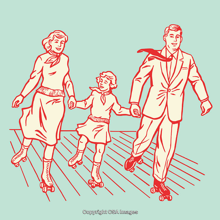 Retro Line Art of Family Roller Skating Together in Harmony