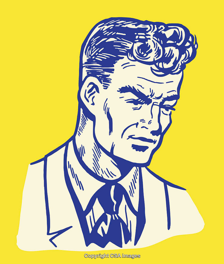 Retro Styled Blue Pen Illustration of a Man on Yellow Background