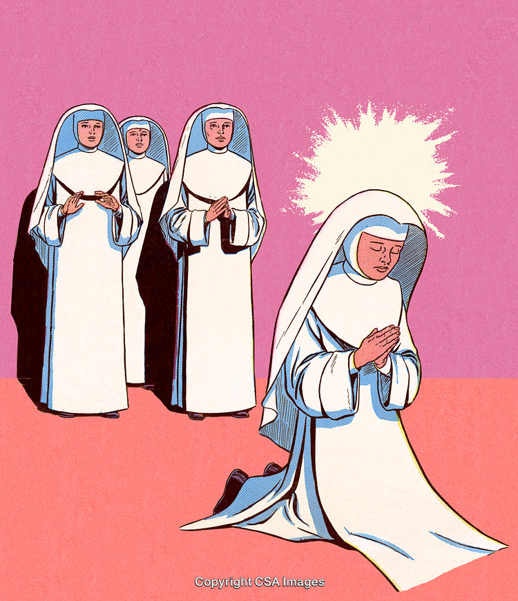 Illustrated Nuns Praying in Group with Inspirational Spiritual Glow in Background