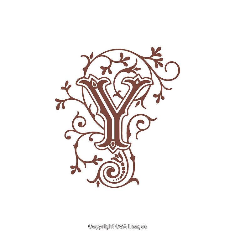 Ornate Decorative Letter Y With Floral Design Elements in Brown
