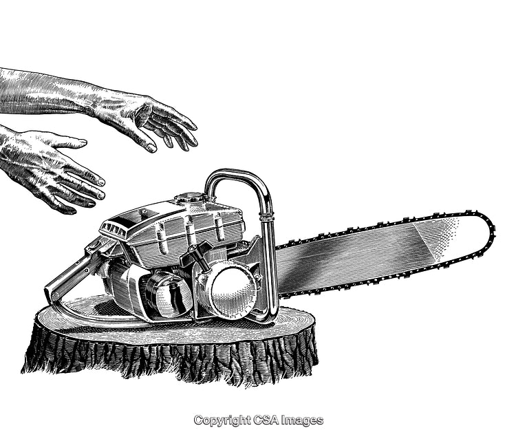 Vintage Chainsaw Engraving Artwork Depicting Hands Reaching for the Tool