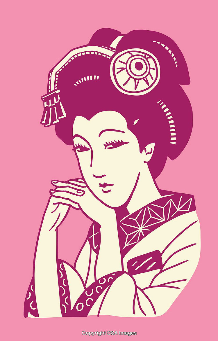 Elegant Line Art Illustration of a Traditional Japanese Woman in Pink Tones