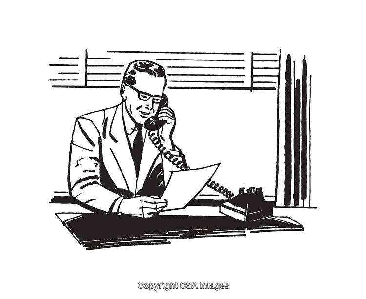 Black and White Illustration of a Businessman on a Telephone Call