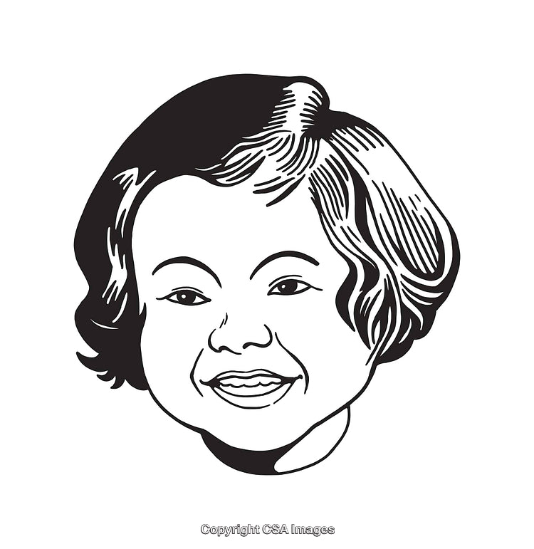 Black and White Line Art Illustration of a Smiling Child's Face
