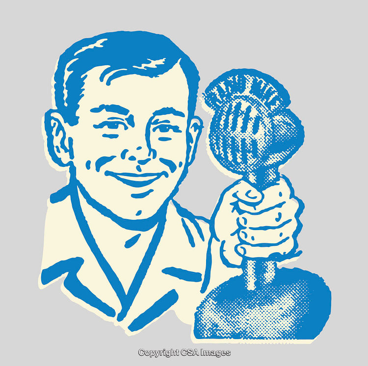 Blue-Toned Vintage Illustration of a Smiling Man Holding a Microphone